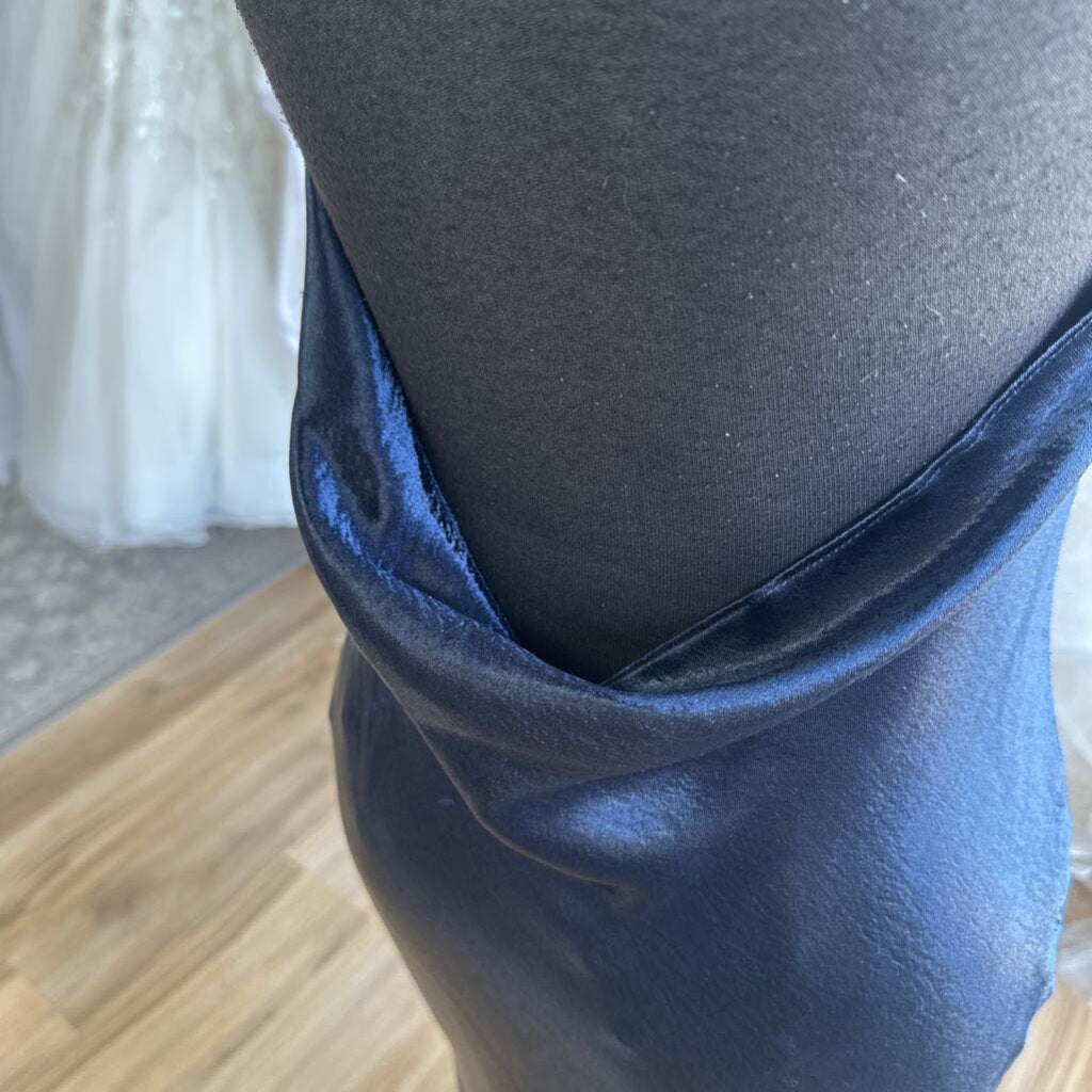 Saloni Navy Silky Cowl Neck Low Back Long Formal Dress 2