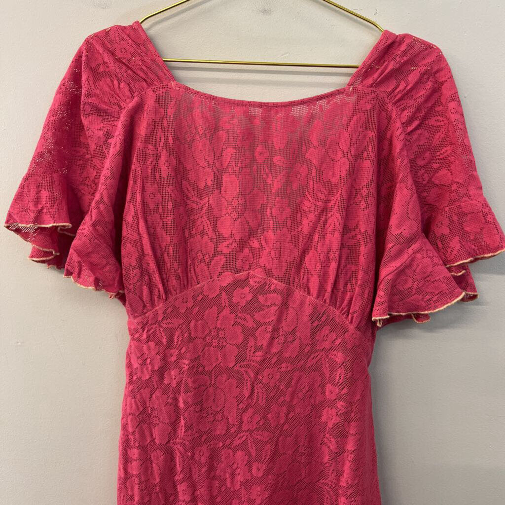 Free People Pink Linen Midi Skirt/ Crop Top With Lace Dress Overlay Medium