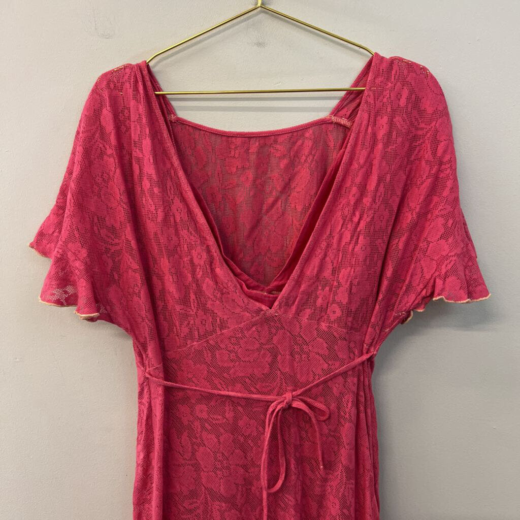 Free People Pink Linen Midi Skirt/ Crop Top With Lace Dress Overlay Medium