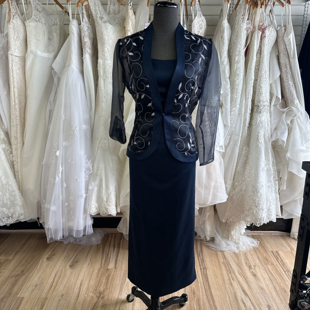 Ever Beauty Navy Embroidered Jacket 2 Piece Long Formal Dress 10 Petite