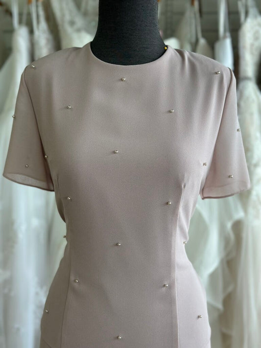 Patra Blush Pearl Detail Short Sleeve Long Formal Dress 10