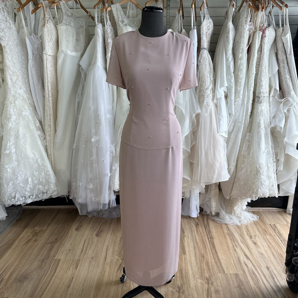 Patra Blush Pearl Detail Short Sleeve Long Formal Dress 10