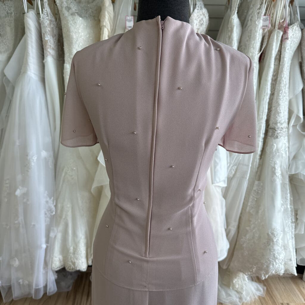 Patra Blush Pearl Detail Short Sleeve Long Formal Dress 10