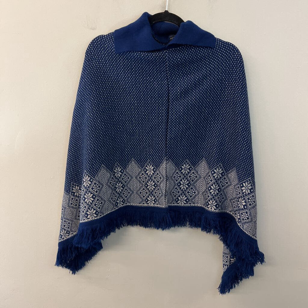 Blue/ White Print Pullover Poncho Sweater One Size