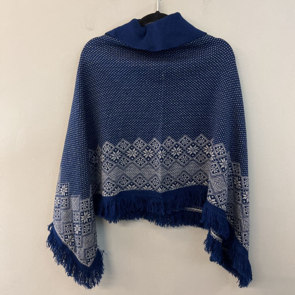 Blue/ White Print Pullover Poncho Sweater One Size