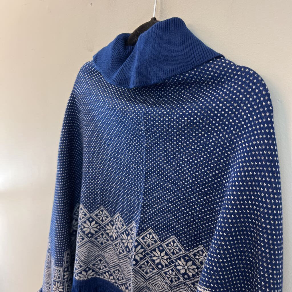 Blue/ White Print Pullover Poncho Sweater One Size