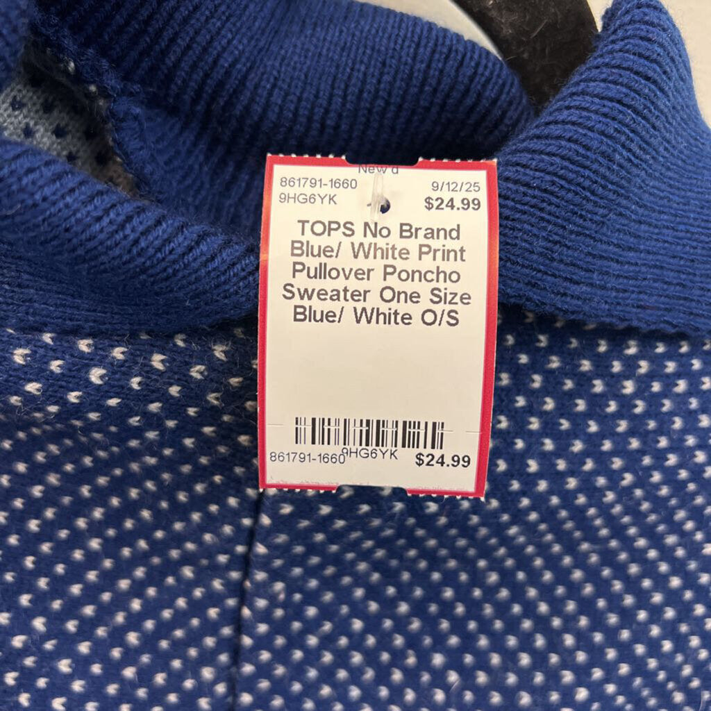 Blue/ White Print Pullover Poncho Sweater One Size