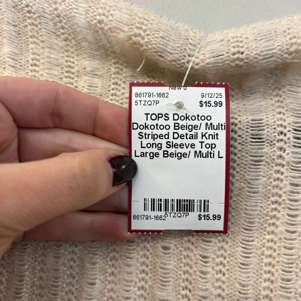 Dokotoo Beige/ Multi Striped Detail Knit Long Sleeve Top Large
