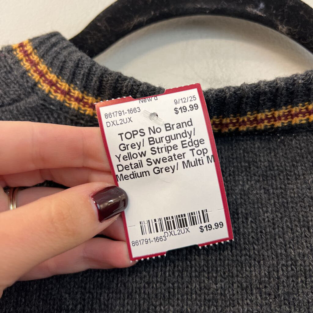 Grey/ Burgundy/ Yellow Stripe Edge Detail Sweater Top Medium