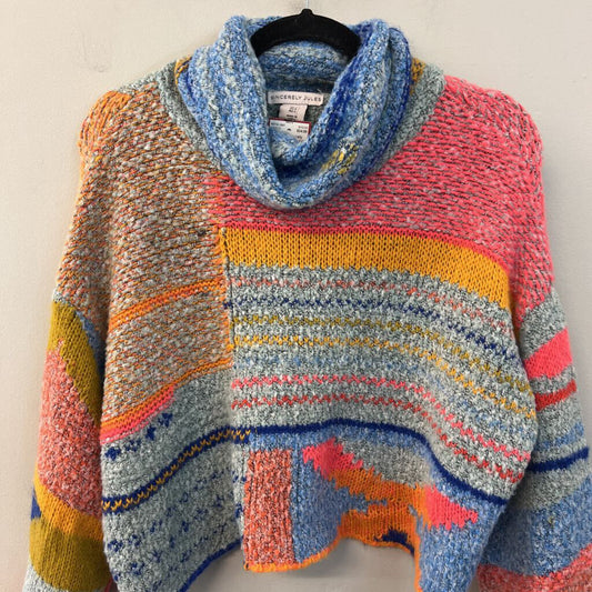 Sincerely Jules Blue/ Multi Bright Knit Print Cropped Turtleneck Sweater Small
