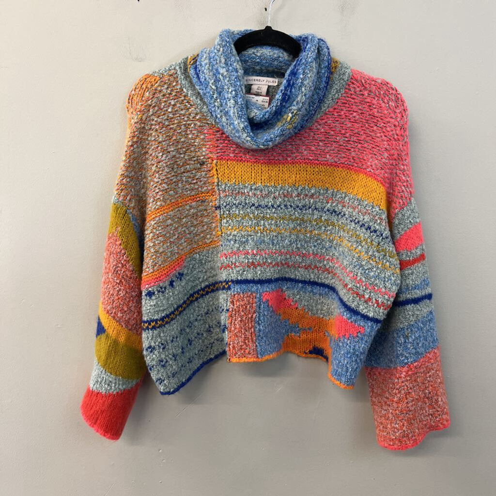 Sincerely Jules Blue/ Multi Bright Knit Print Cropped Turtleneck Sweater Small