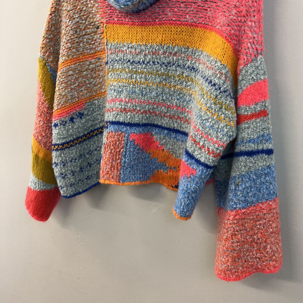 Sincerely Jules Blue/ Multi Bright Knit Print Cropped Turtleneck Sweater Small