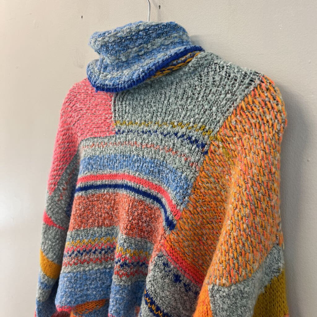 Sincerely Jules Blue/ Multi Bright Knit Print Cropped Turtleneck Sweater Small