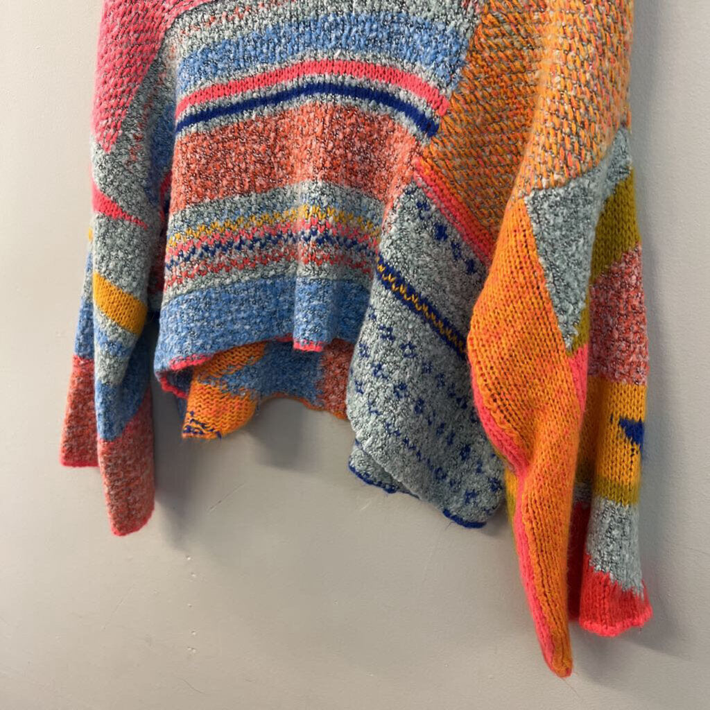 Sincerely Jules Blue/ Multi Bright Knit Print Cropped Turtleneck Sweater Small