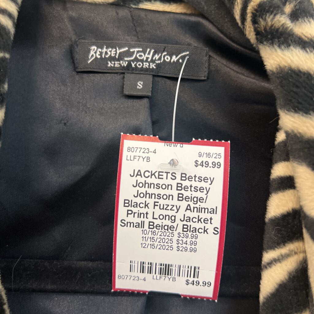 Betsey Johnson Beige/ Black Fuzzy Animal Print Long Jacket Small