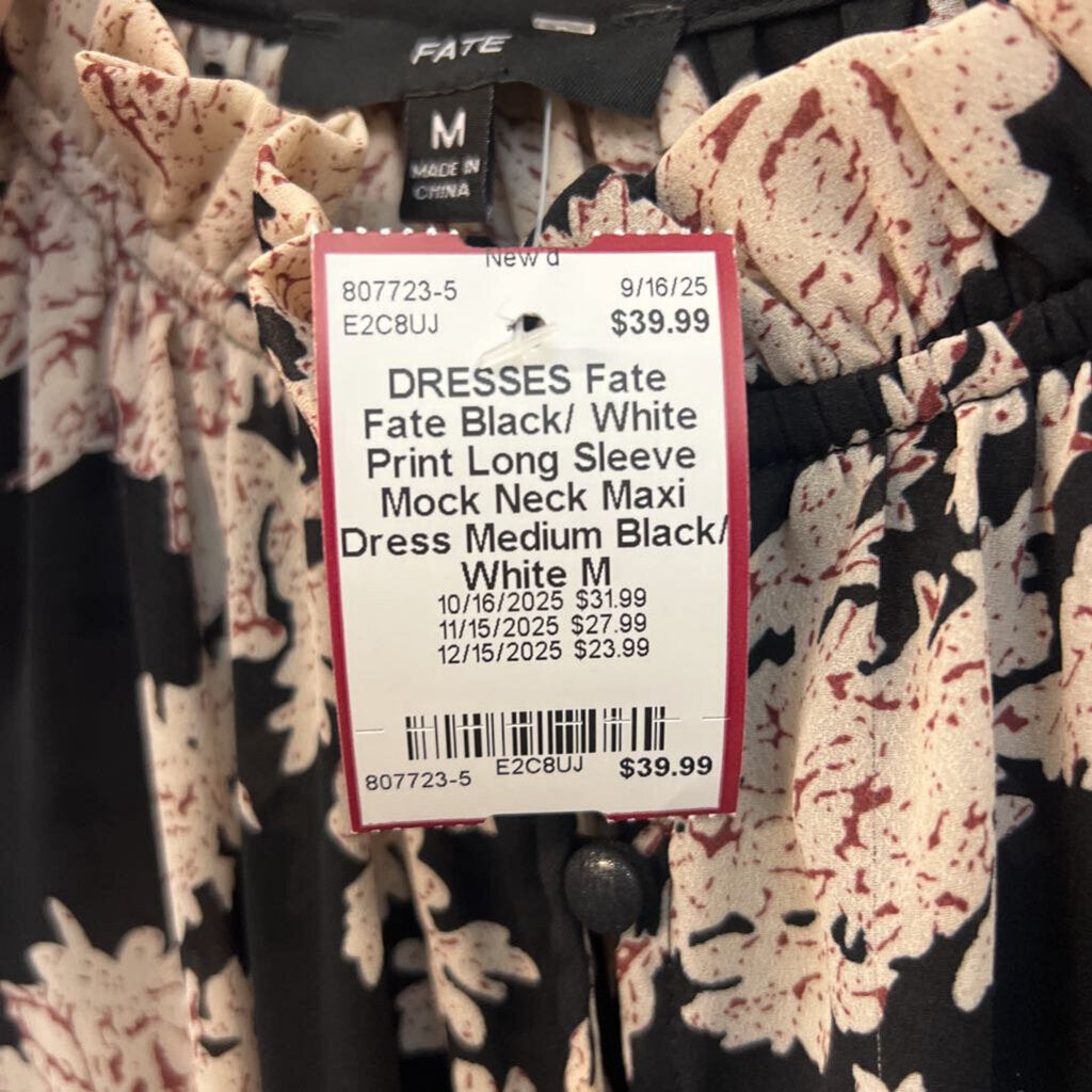 Fate Black/ White Print Long Sleeve Mock Neck Maxi Dress Medium