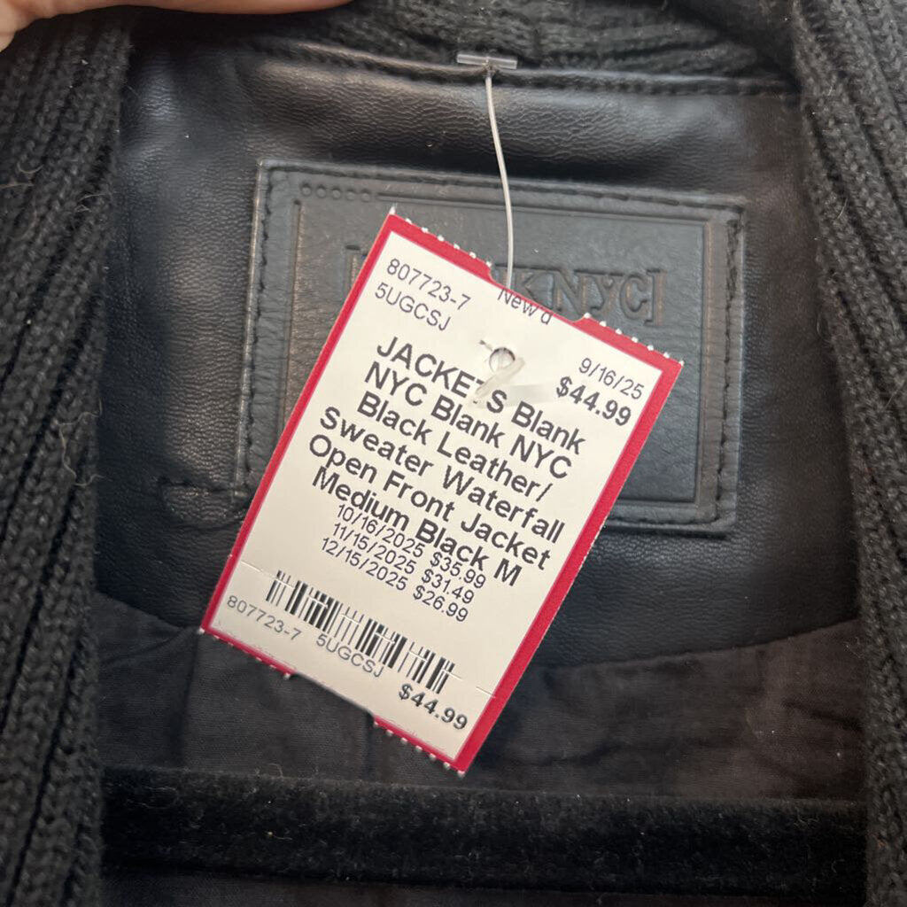 Blank NYC Black Leather/ Sweater Waterfall Open Front Jacket Medium