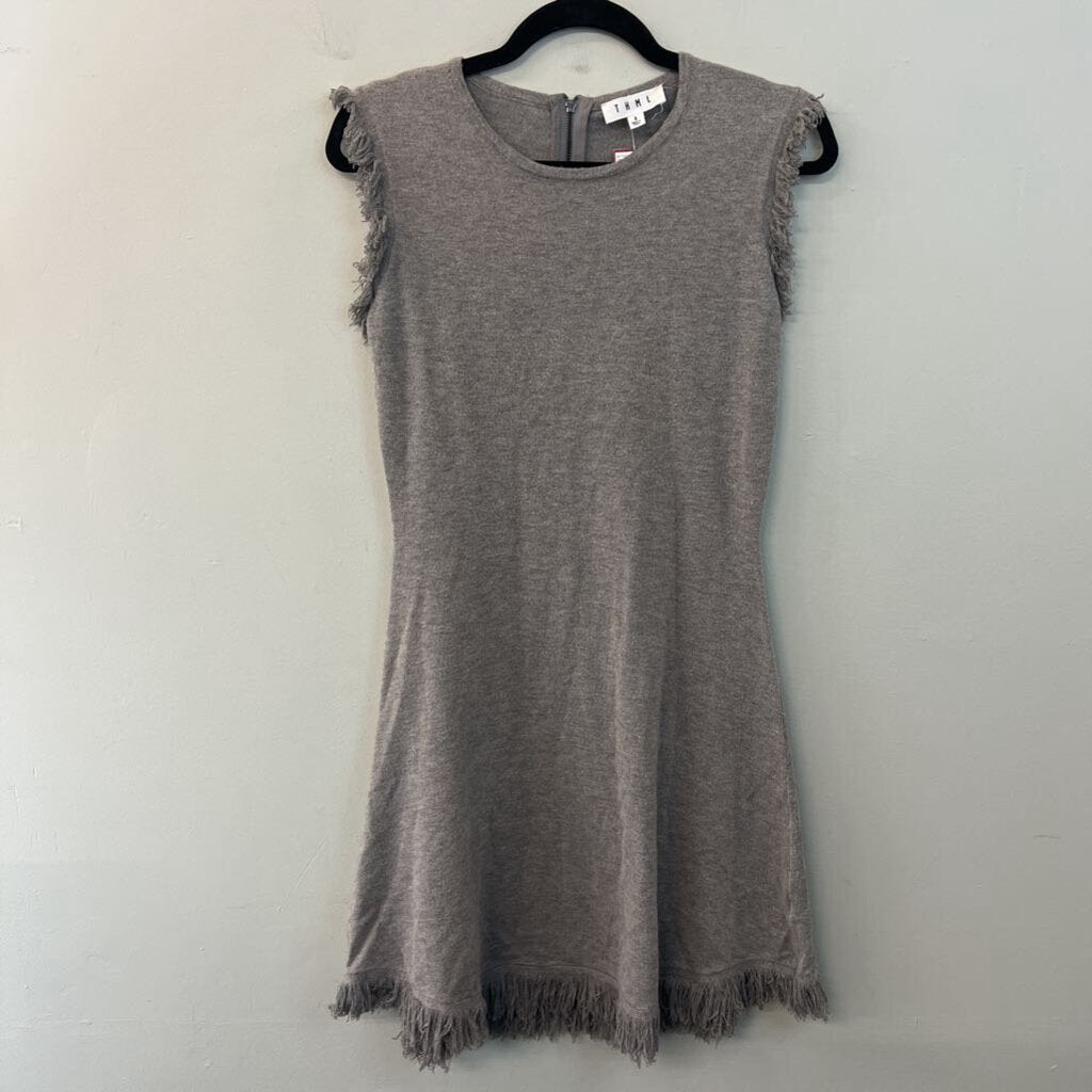 THML Grey Fringe Edge Short Sleeve Sweater Dress Small