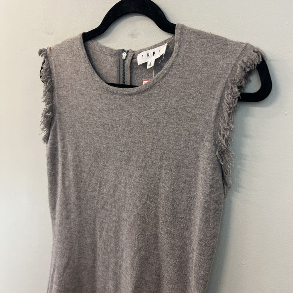 THML Grey Fringe Edge Short Sleeve Sweater Dress Small