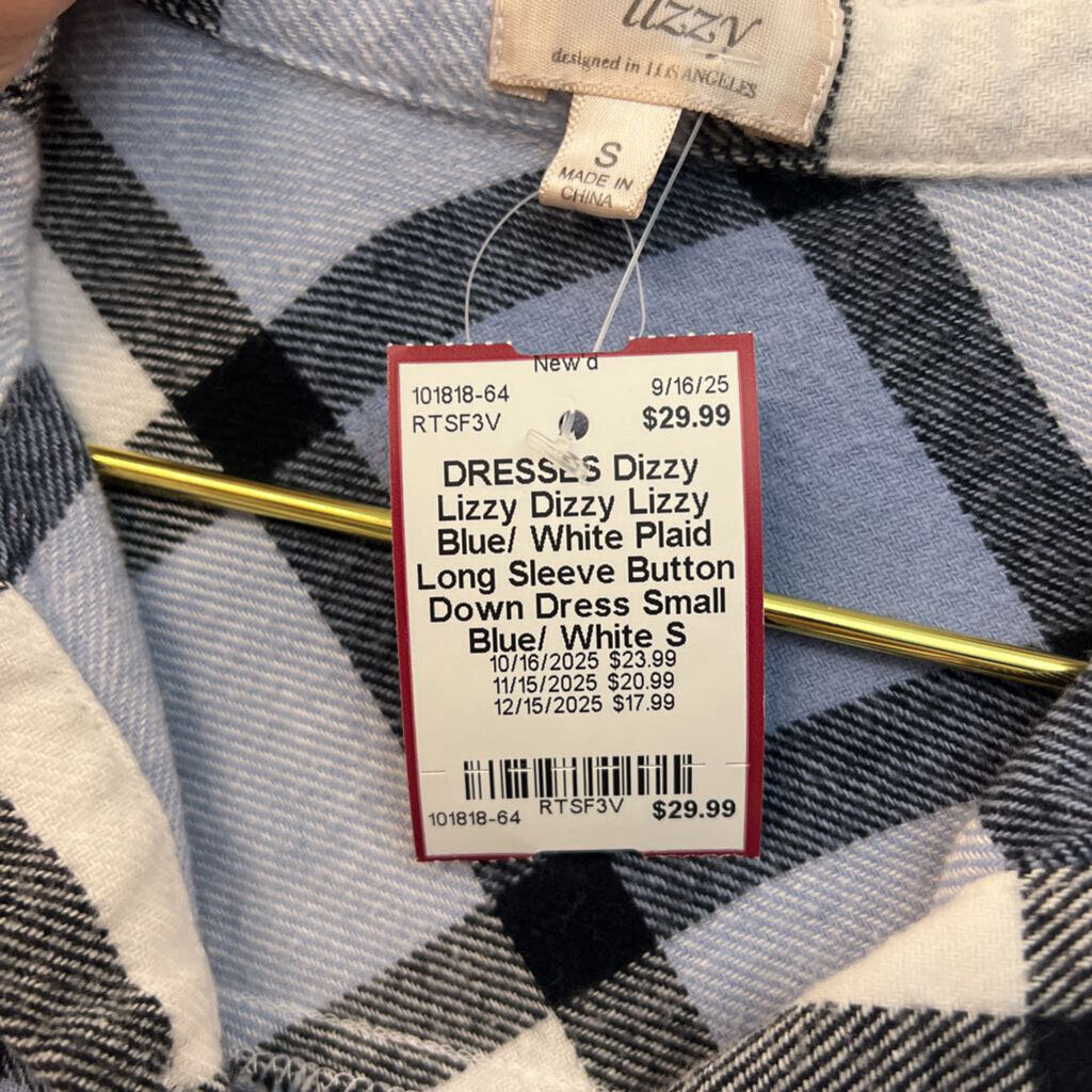 Dizzy Lizzy Blue/ White Plaid Long Sleeve Button Down Dress Small