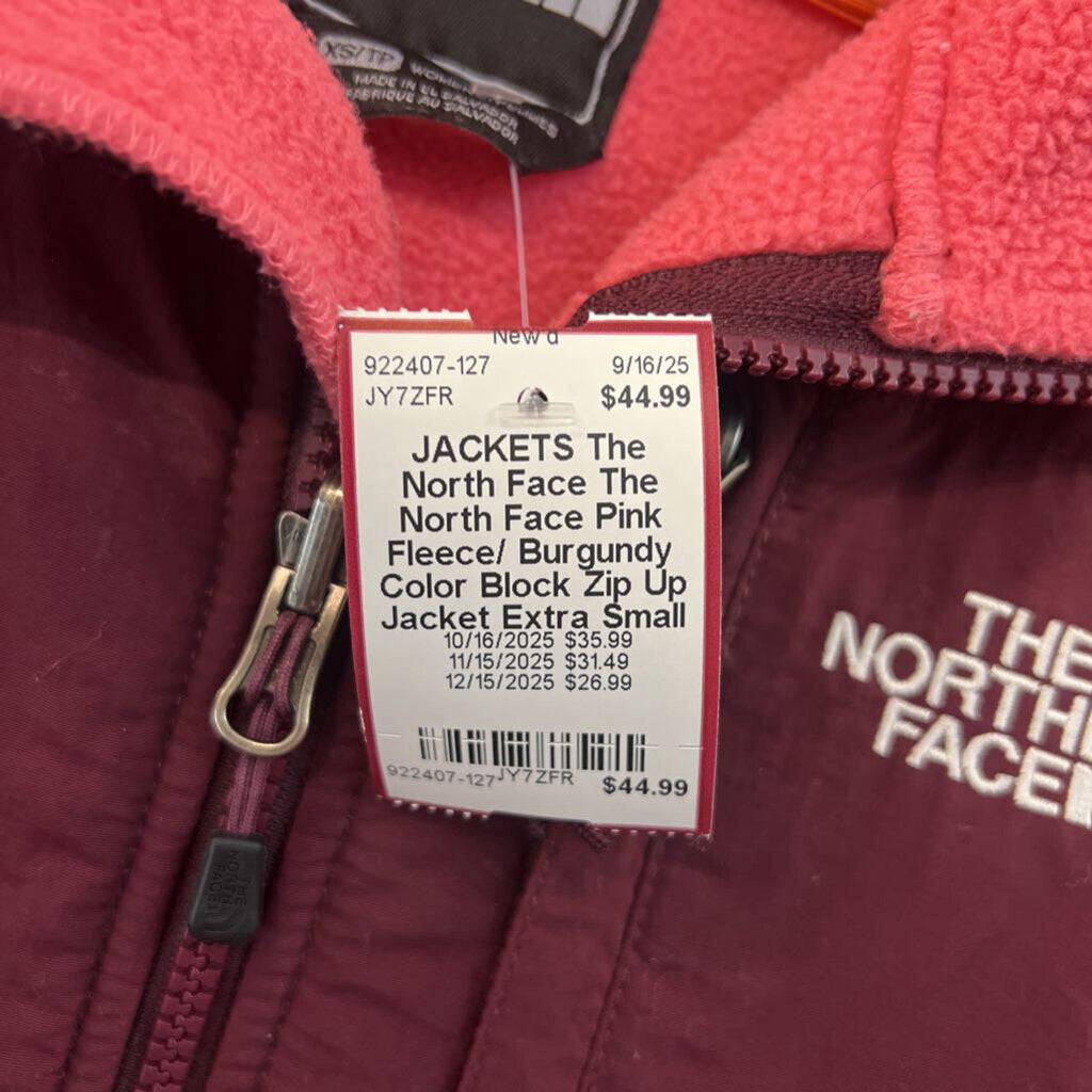 The North Face Pink Fleece/ Burgundy Color Block Zip Up Jacket Extra Small