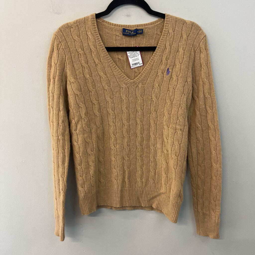 Ralph Lauren Brown Cable Knit V Neck Sweater Top Small