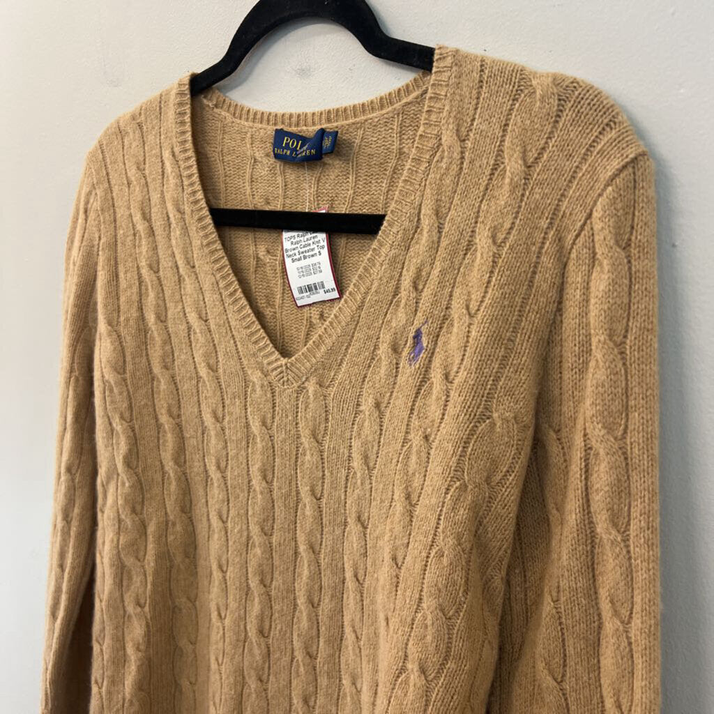 Ralph Lauren Brown Cable Knit V Neck Sweater Top Small