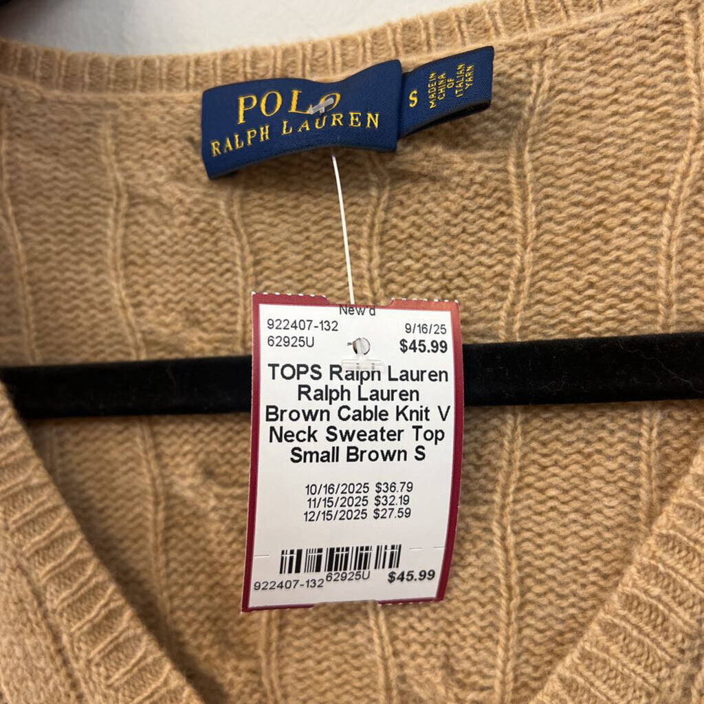 Ralph Lauren Brown Cable Knit V Neck Sweater Top Small