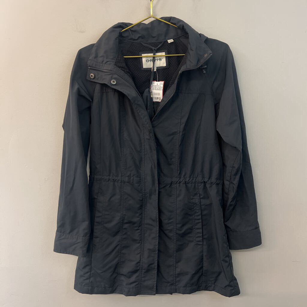 Orvis Black Hooded Long Zip Up Nylon Jacket Small