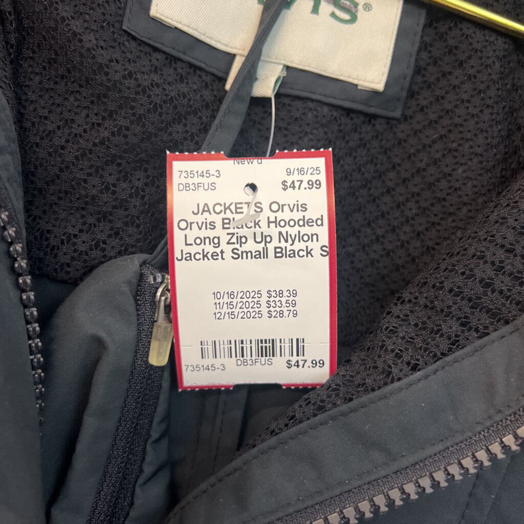 Orvis Black Hooded Long Zip Up Nylon Jacket Small