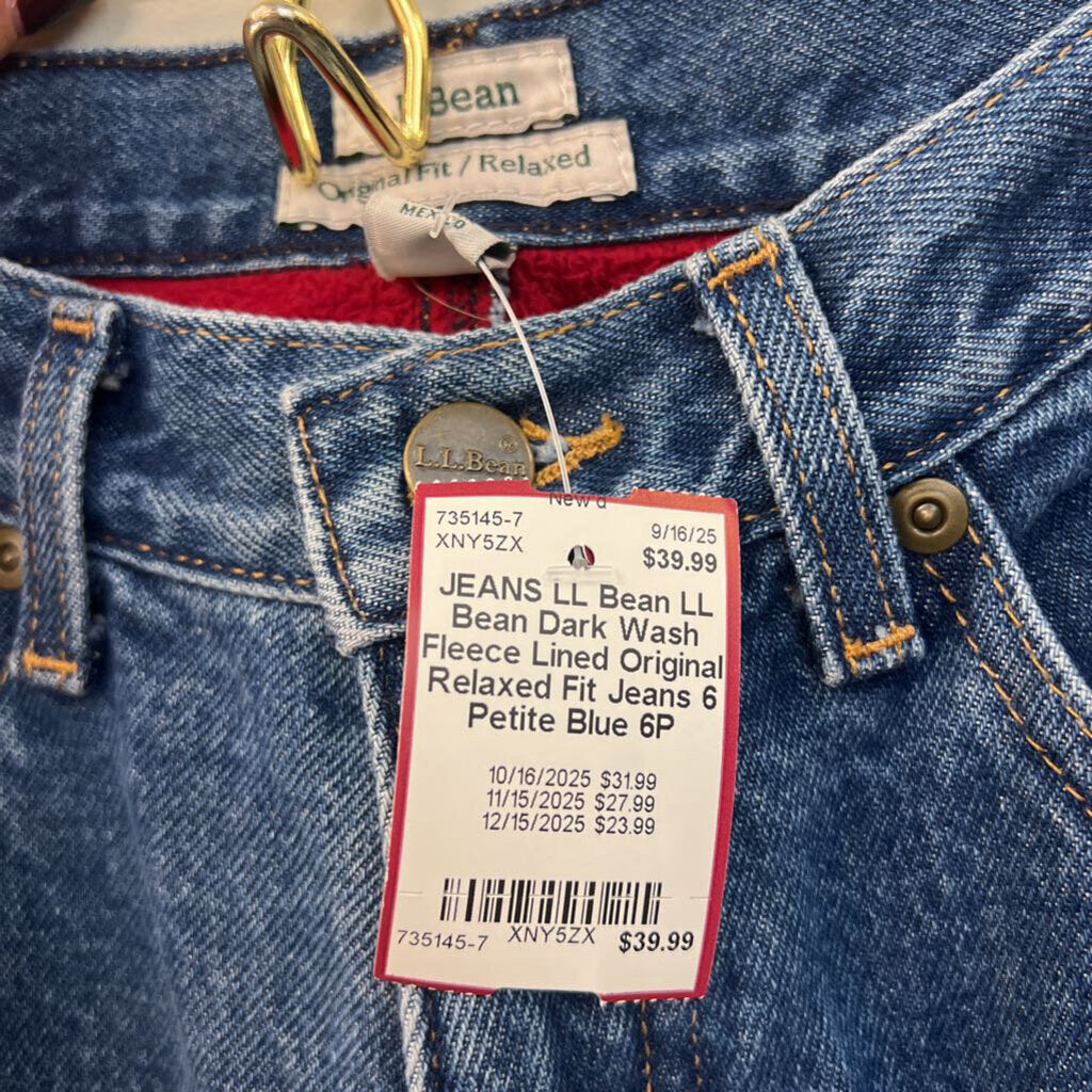 LL Bean Dark Wash Fleece Lined Original Relaxed Fit Jeans 6 Petite