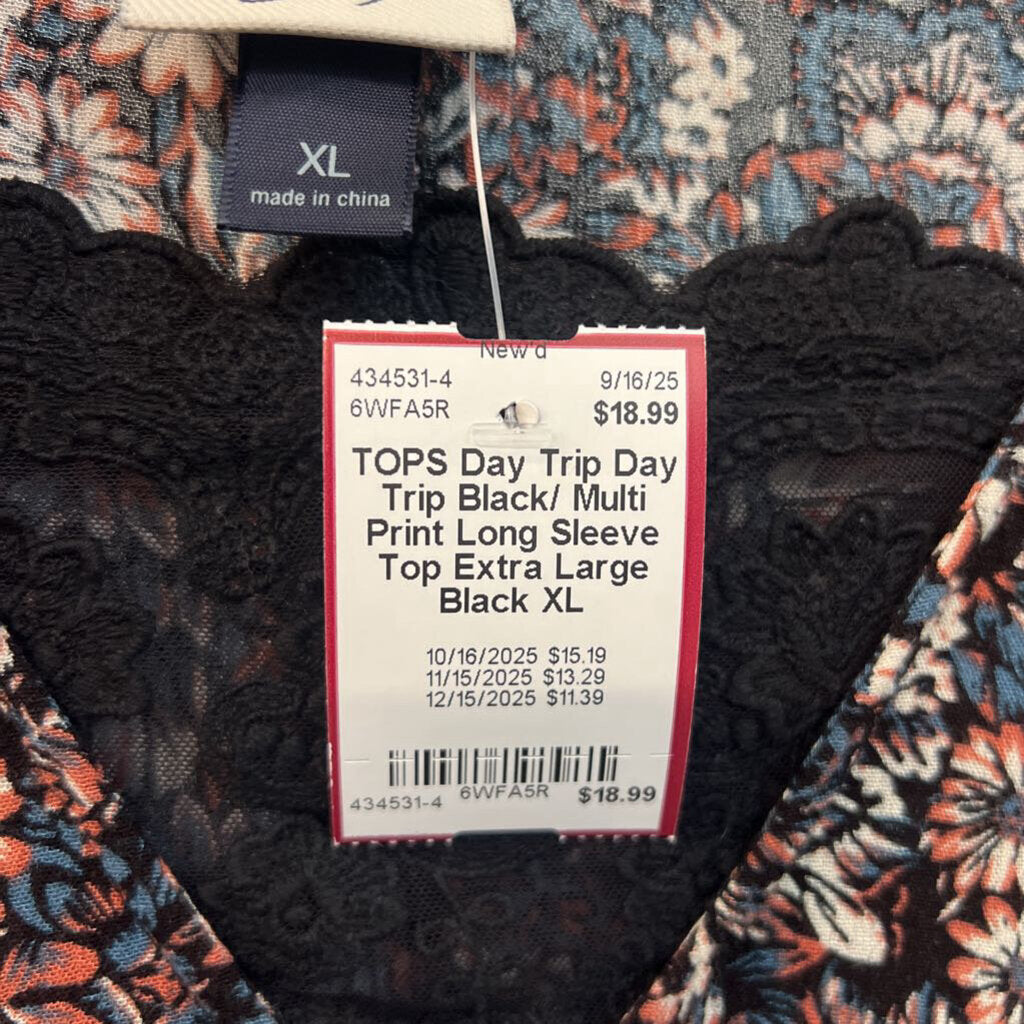Day Trip Black/ Multi Print Long Sleeve Top Extra Large