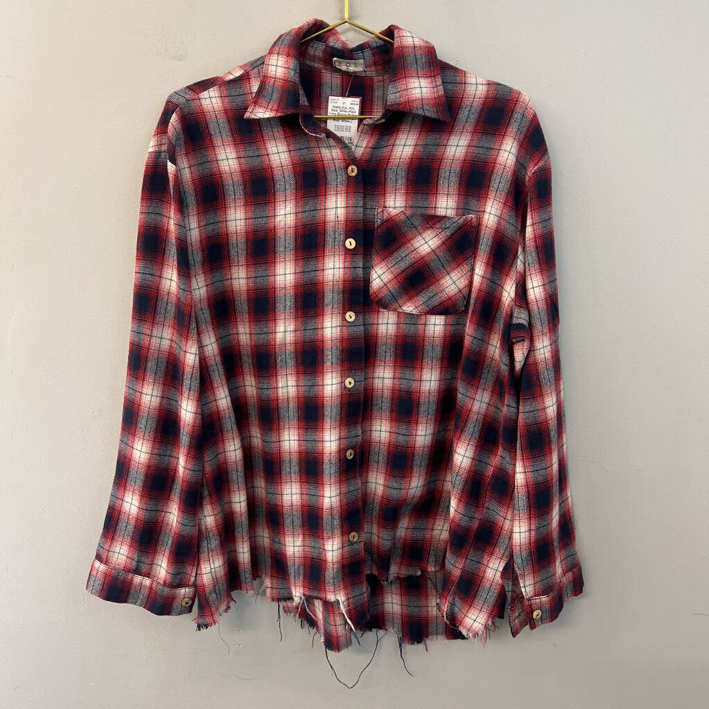 POL Red/ White Plaid Long Sleeve Button Down Top Large