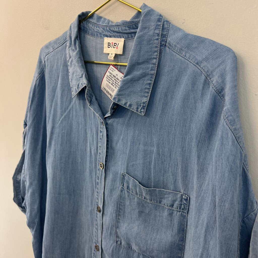 Bibi Blue Short Sleeve Chambray Button Down Top Extra Large