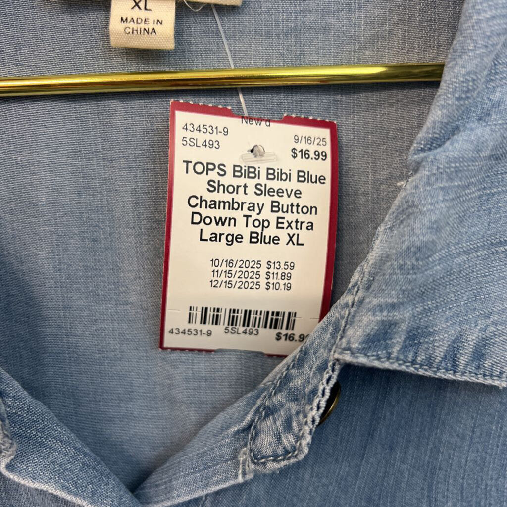 Bibi Blue Short Sleeve Chambray Button Down Top Extra Large