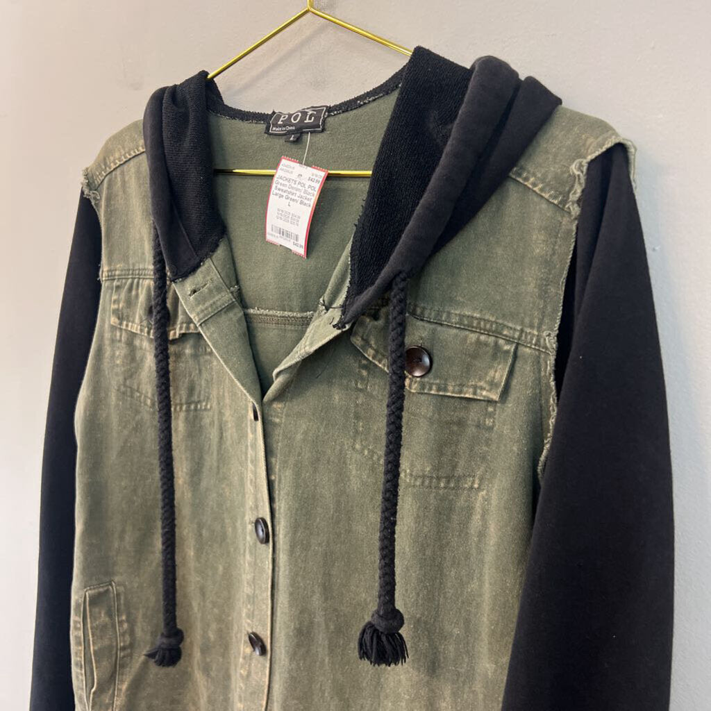 POL Green Denim/ Black Sweatshirt Jacket Large