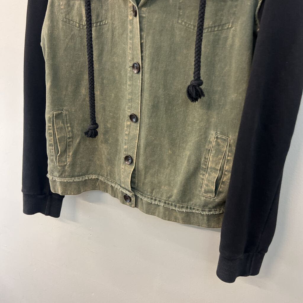 POL Green Denim/ Black Sweatshirt Jacket Large