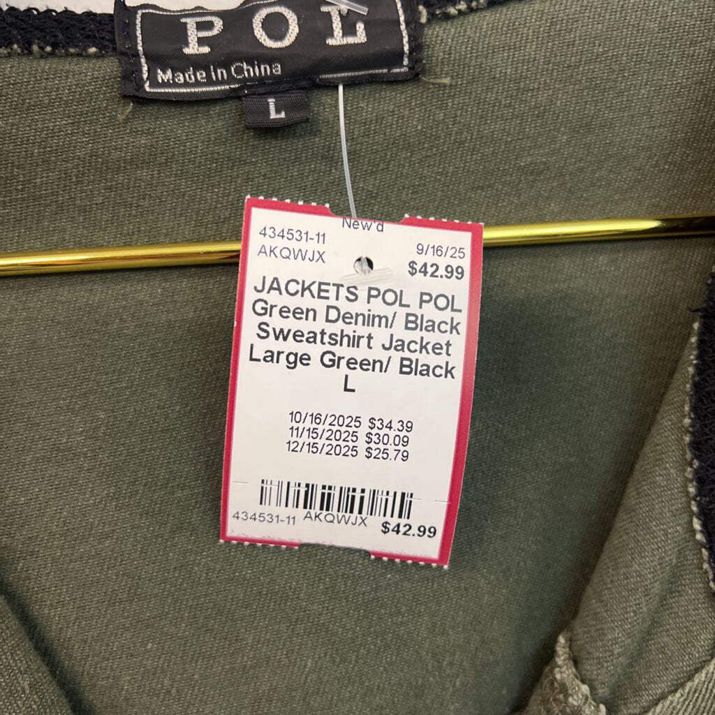 POL Green Denim/ Black Sweatshirt Jacket Large
