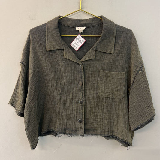 POL Green Textured Short Sleeve Button Down Top Small