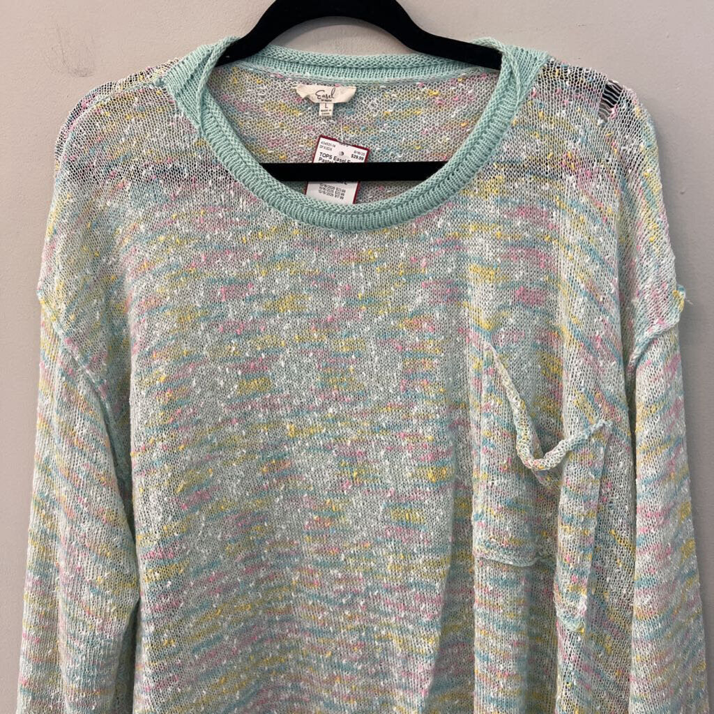 Easel Pastel Blue/ Multi Knit Long Sleeve Sweater Top Large