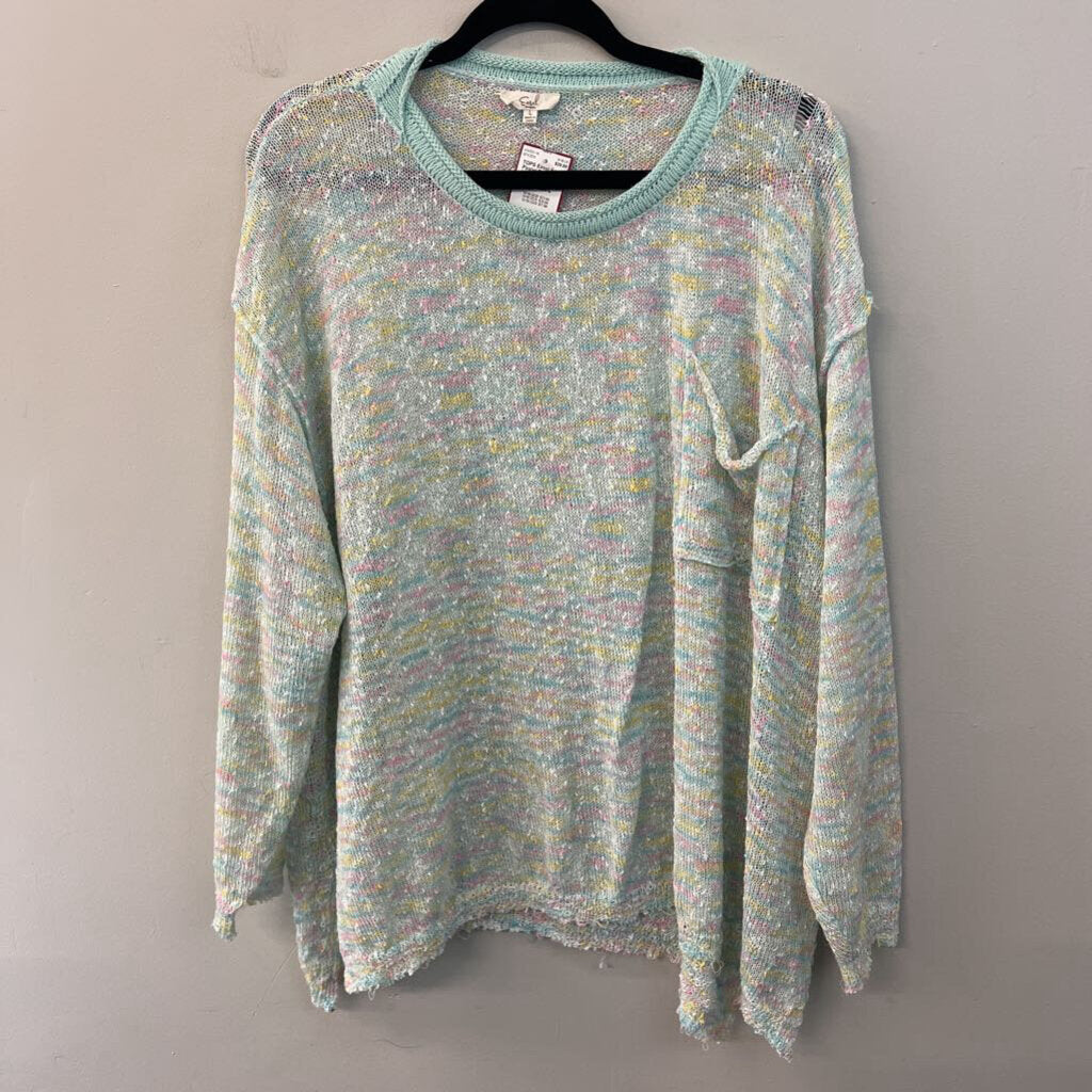 Easel Pastel Blue/ Multi Knit Long Sleeve Sweater Top Large