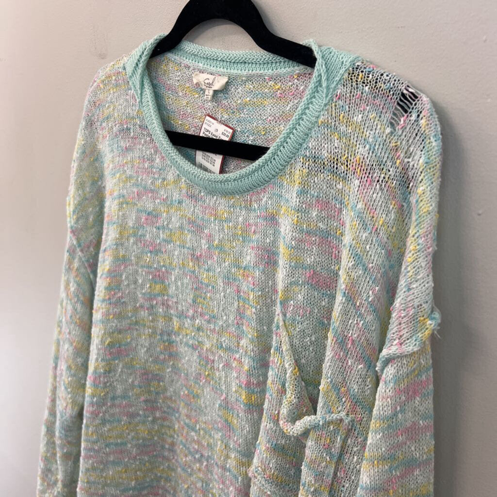 Easel Pastel Blue/ Multi Knit Long Sleeve Sweater Top Large