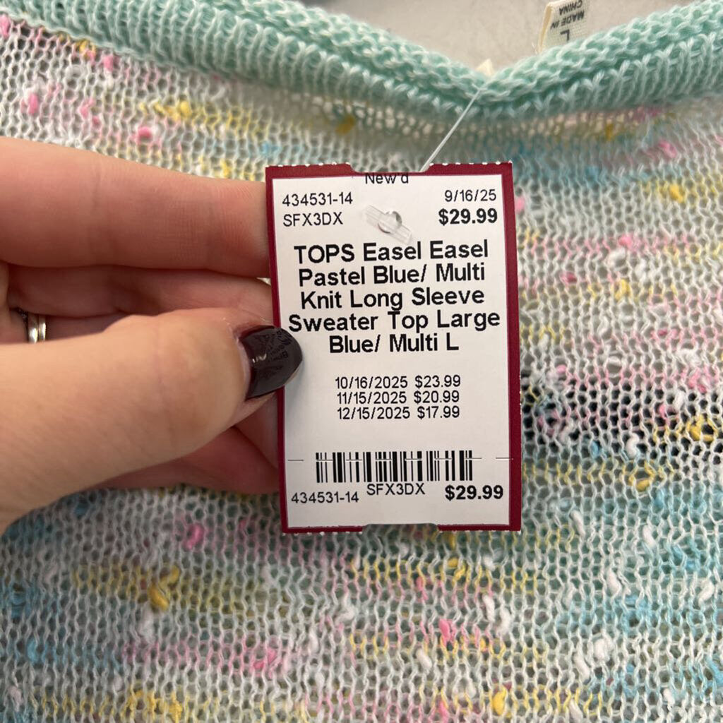 Easel Pastel Blue/ Multi Knit Long Sleeve Sweater Top Large