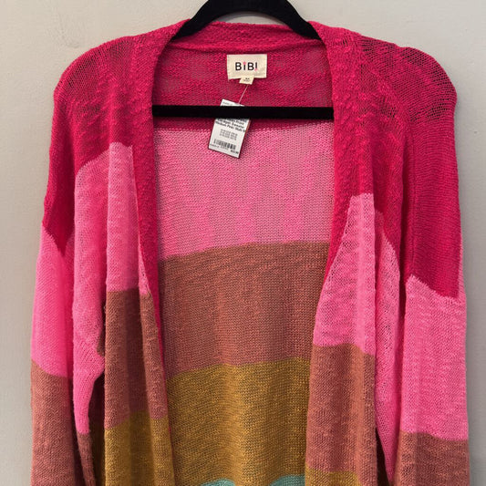 Bibi Pink/ Multi Striped Knit Open Front Cardigan Sweater Medium