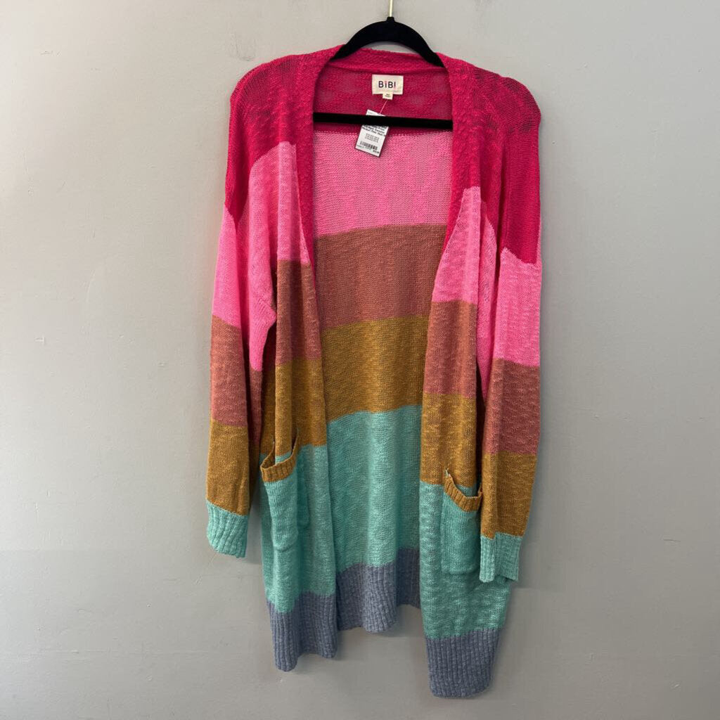 Bibi Pink/ Multi Striped Knit Open Front Cardigan Sweater Medium