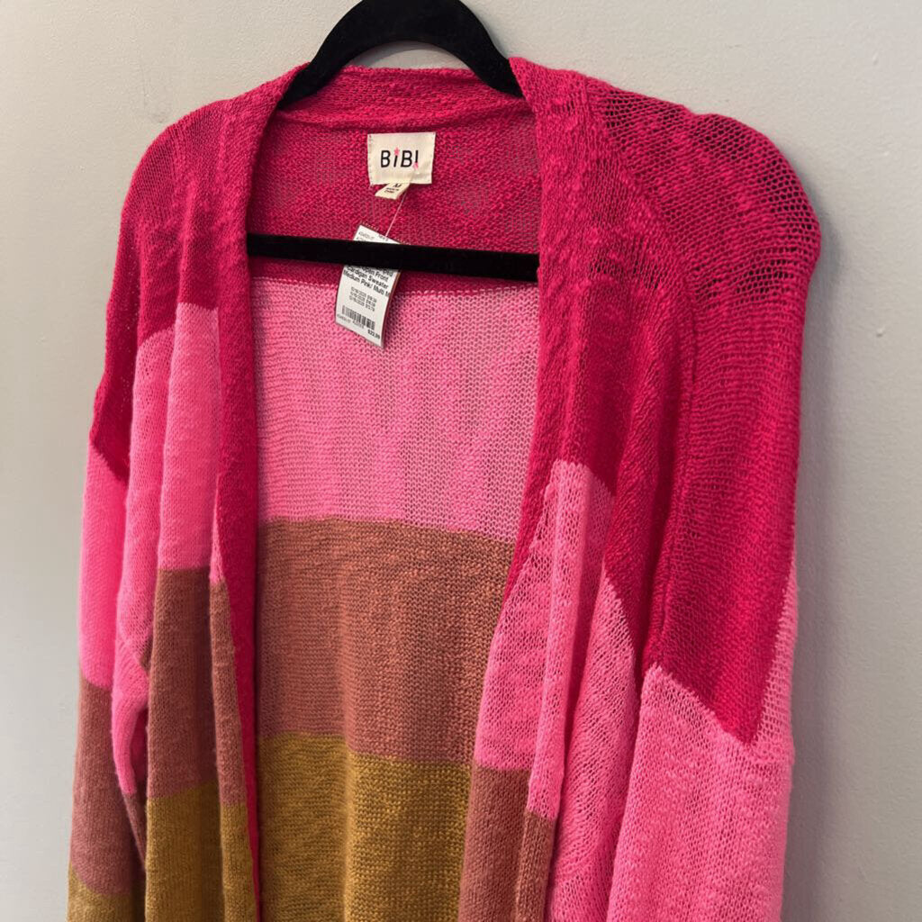 Bibi Pink/ Multi Striped Knit Open Front Cardigan Sweater Medium