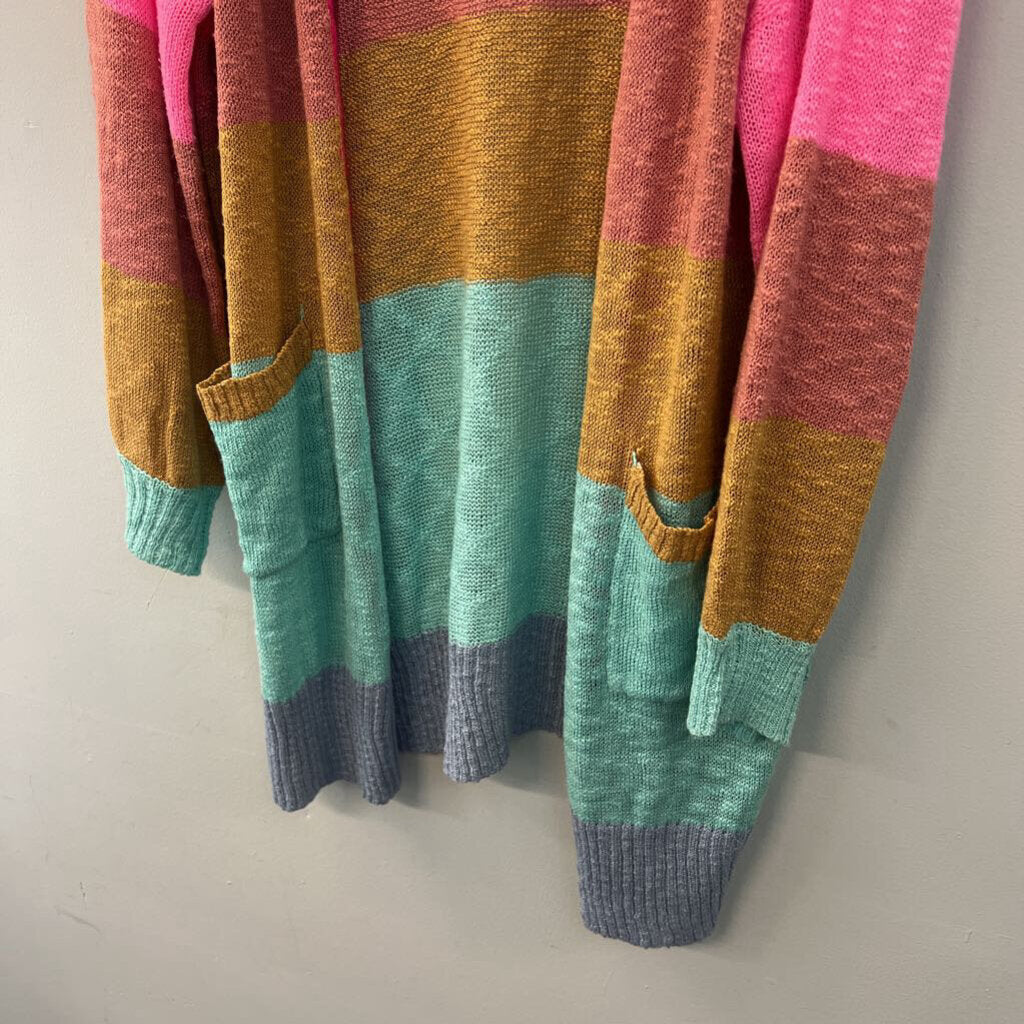 Bibi Pink/ Multi Striped Knit Open Front Cardigan Sweater Medium