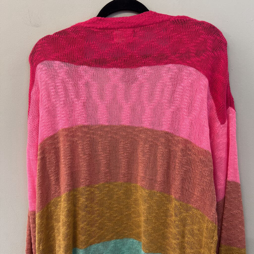 Bibi Pink/ Multi Striped Knit Open Front Cardigan Sweater Medium