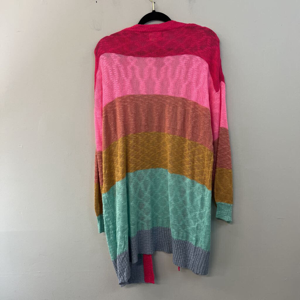 Bibi Pink/ Multi Striped Knit Open Front Cardigan Sweater Medium