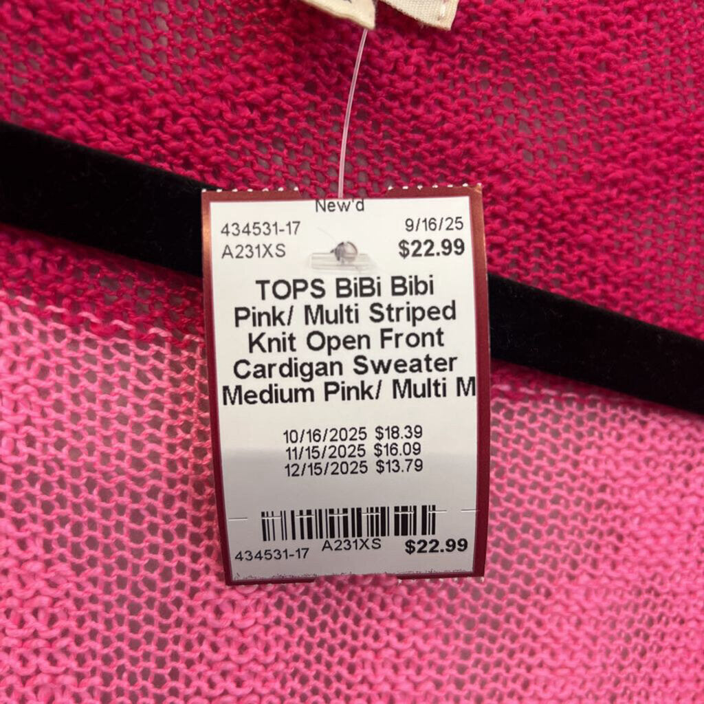 Bibi Pink/ Multi Striped Knit Open Front Cardigan Sweater Medium
